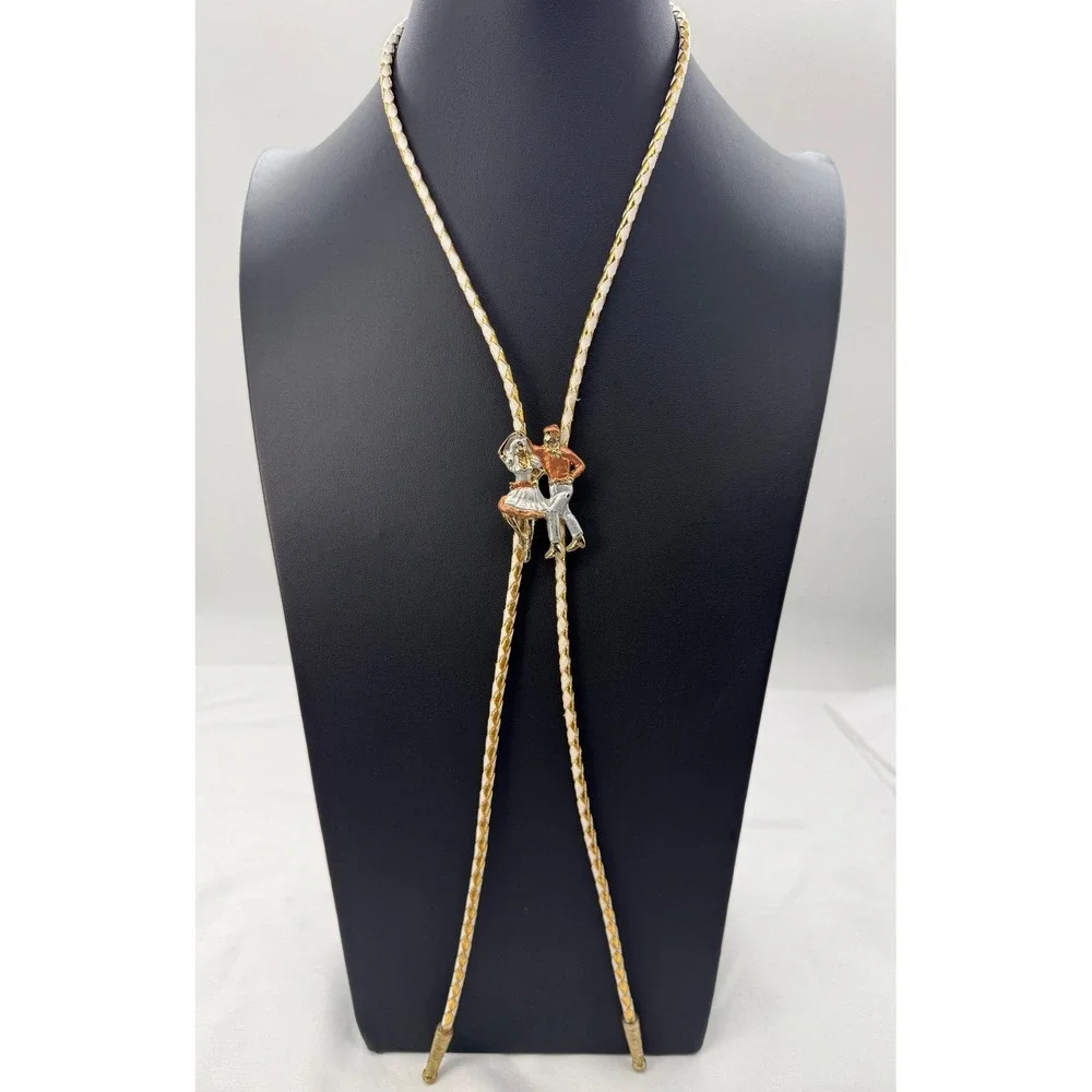 Vintage Square Line Dance Couple Bolo Tie White Gold Braided Cord Western Style